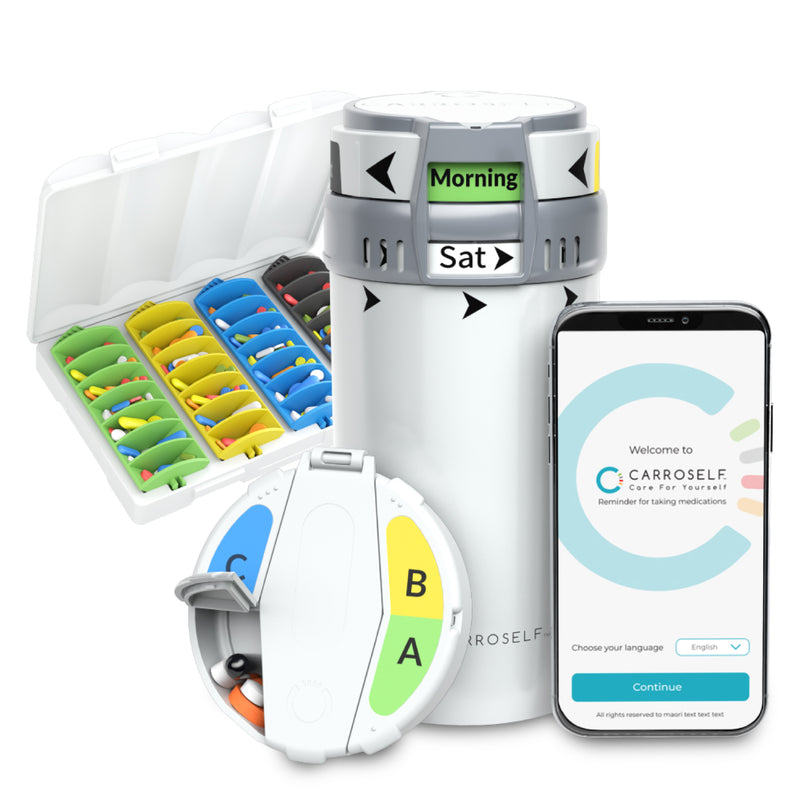 Carroself full set- Smart Pill Dispenser + CarroSelf Reminder App + To-Go Pill Box & Box with 4 cartridges
